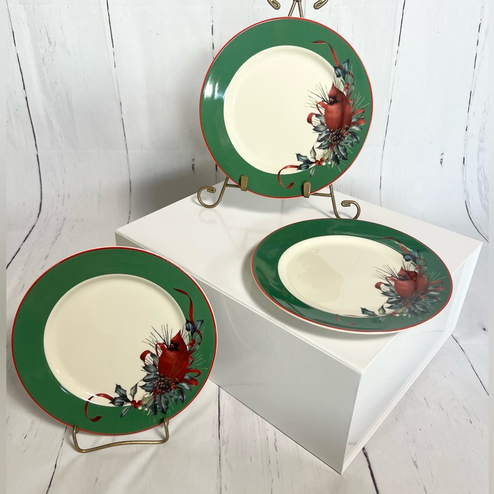 Lenox Winter Greetings Accent Salad Plates 8" Green Border Cardinal Set of 3